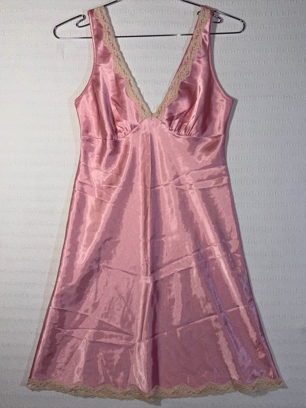 Victorias Secret Pink Satin Lace Trim V-Neck Slip Nightgown Dress Womens S Fairy